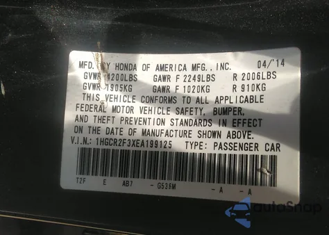 2014 Honda Accord Lx из США, поврежденный, VIN 1HGCR2F3XEA199125